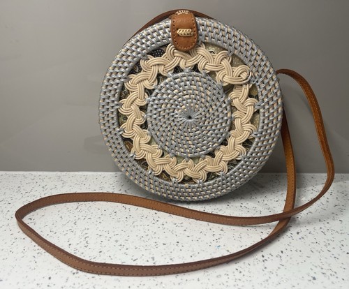 Baby blue round rattan - rattan, handbag